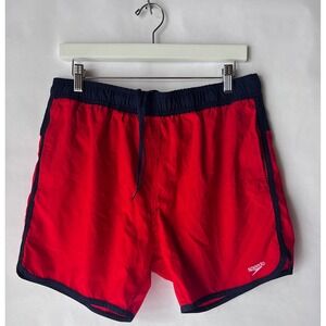 Speedo Red Swim Trunks Athletic Shorts Mens Size L Piped Trim‎ Drawstring Waist